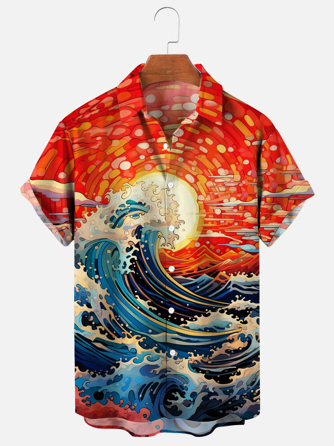 Men's Ukiyo-e Wave Print Casual Breathable Short Sleeve Hawaiian Shirt ...