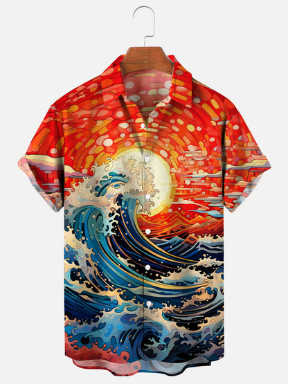 Men's Ukiyo-e Wave Print Casual Breathable Short Sleeve Hawaiian Shirt