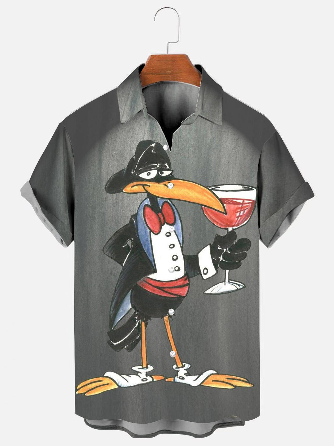 Men's Cartoon Crow Wine Glass Print Hawaiian Short Sleeve Shirt