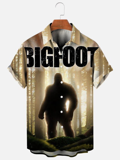 Men's Bigfoot Poster Print Hawaiian Casual Short Sleeve Shirt