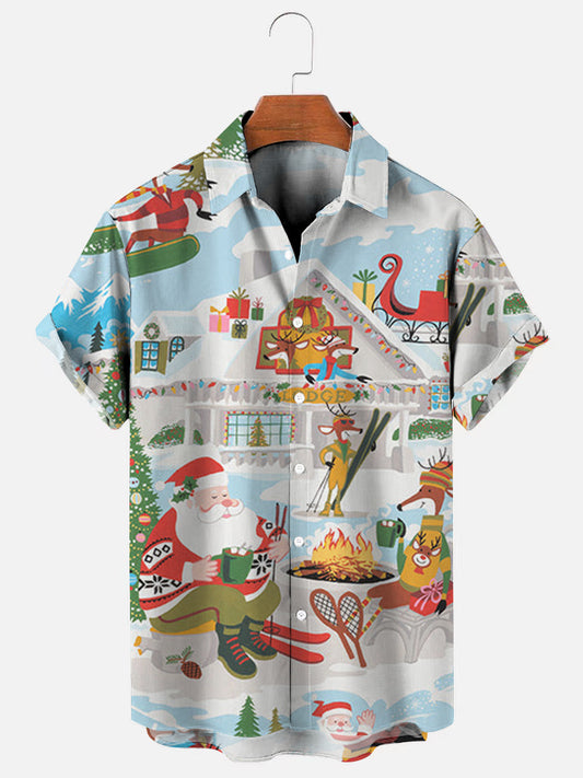 Santa Claus in Christmas Cabin Printed Short Sleeve Shirt