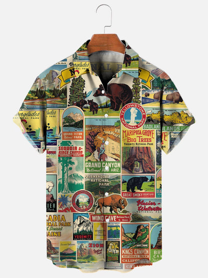 Men's Vintage National Parks Poster Print Hawaiian Short Sleeve Shirt
