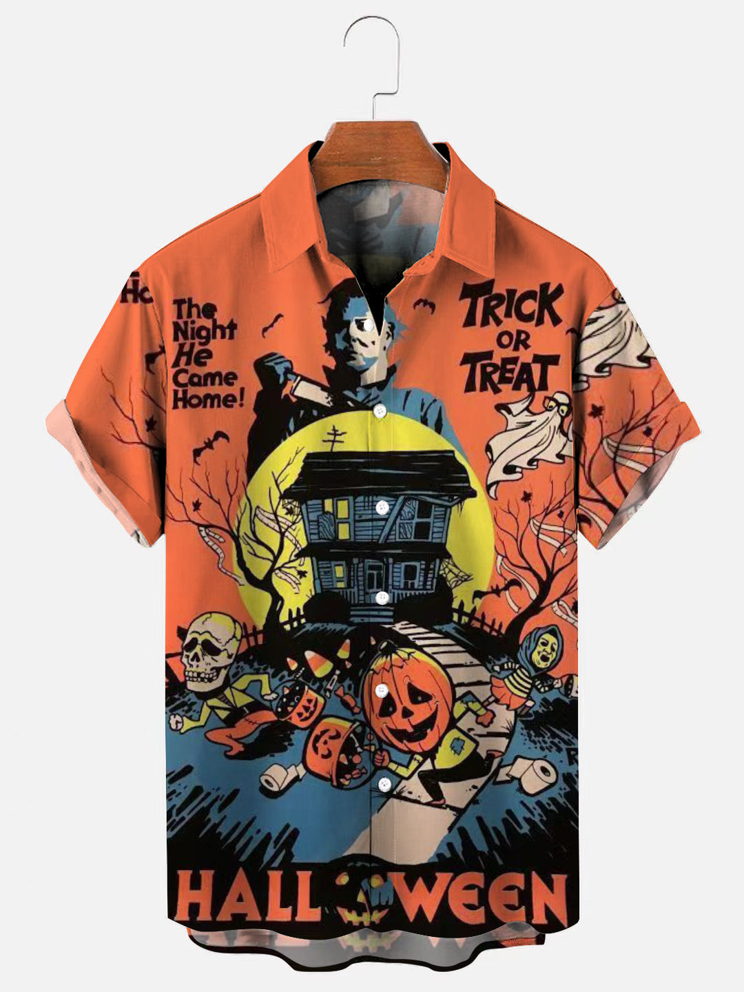 Vintage Halloween Print Men's Casual Short Sleeve Shirt