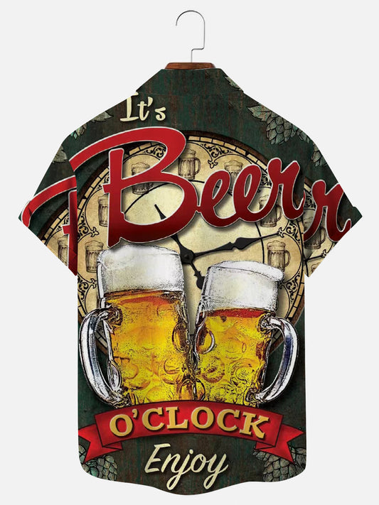 It's Beer Time Retro Print Hawaiian Short Sleeve Shirt