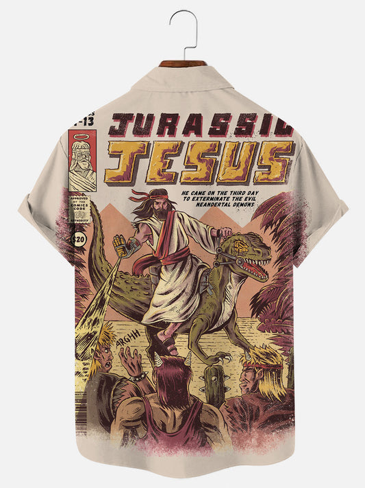 Men's Jesus Dinosaur Print Casual Short Sleeve Shirt
