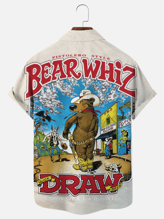 Men's Retro Beer Bear Print Hawaiian Casual Short Sleeve Shirt