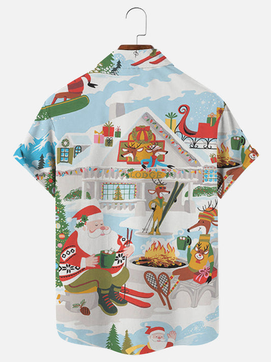 Santa Claus in Christmas Cabin Printed Short Sleeve Shirt
