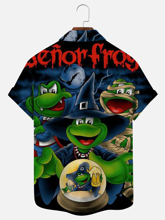 Men's Cartoon Frog Halloween Themed Printed Hawaiian Short Sleeve Shirt