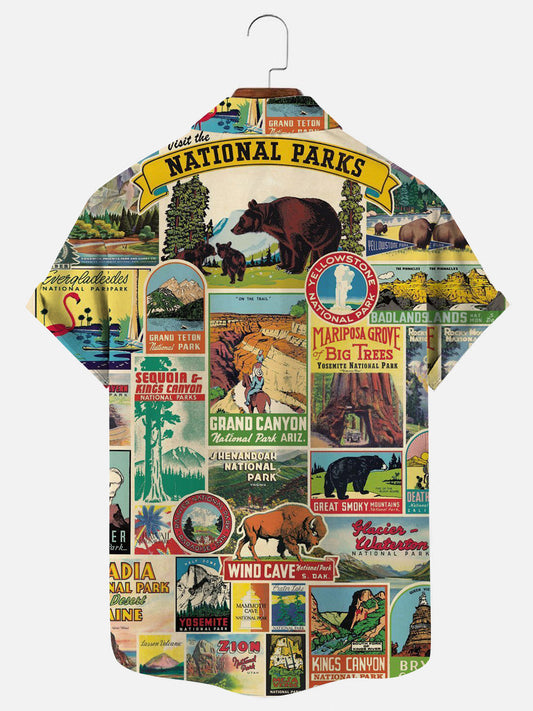 Men's Vintage National Parks Poster Print Hawaiian Short Sleeve Shirt
