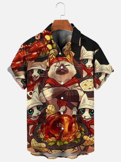 Men's Cat Chef Print Hawaiian Short Sleeve Shirt