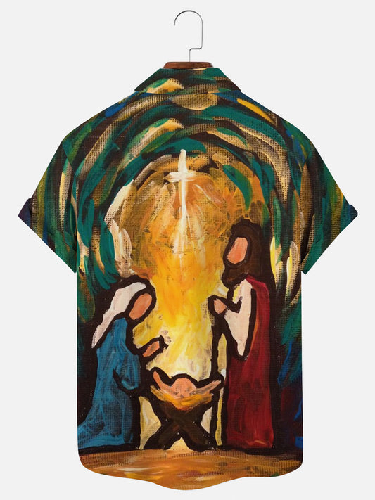 Men's Christmas Nativity Oil Painting Print Casual Short Sleeve Shirt
