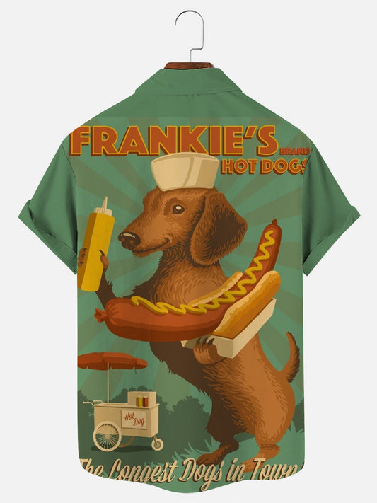 Men's Retro Dachshund Hot Dog Poster Print Hawaiian Short Sleeve Shirt