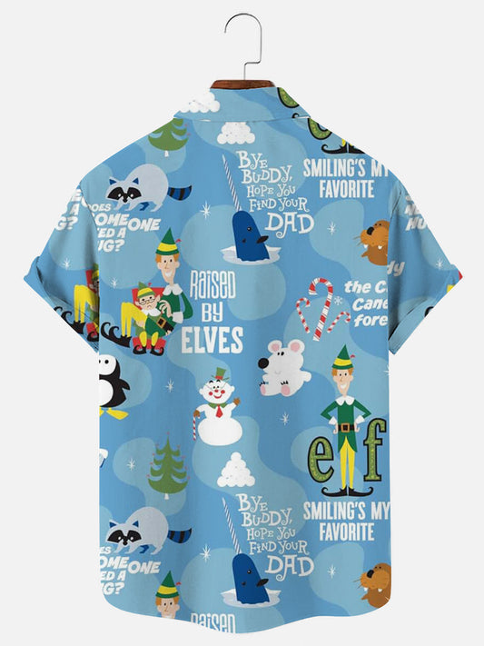 Blue Elf Christmas Print Casual Short Sleeve Shirt