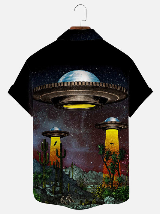 Men's Alien Spaceship Print Vintage Hawaiian Short Sleeve Shirt