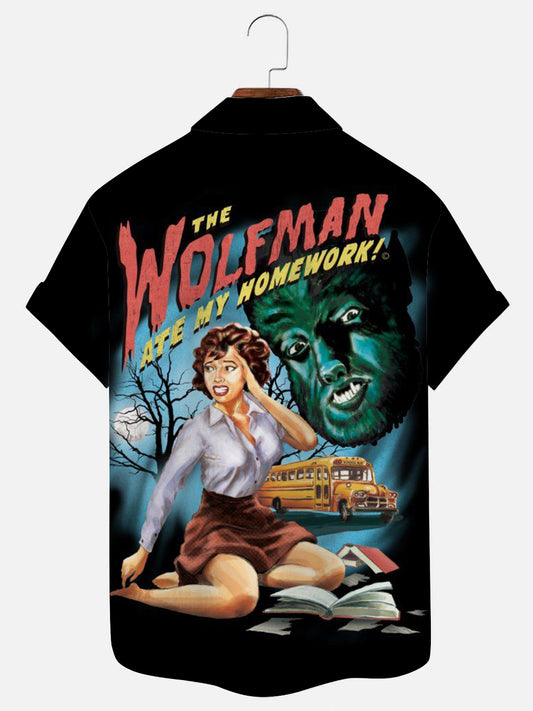 Men's Vintage Werewolf Poster Print Hawaiian Short Sleeve Shirt