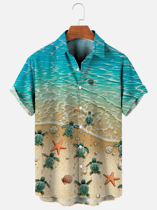 Men's Beach Turtle Starfish Print Hawaiian Breathable Short Sleeve Shirt