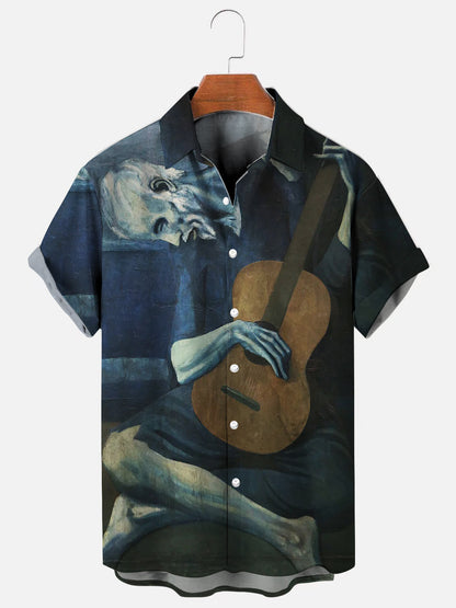 Men's Old Guitarist Retro Oil Painting Printed Hawaiian Short Sleeve Shirt