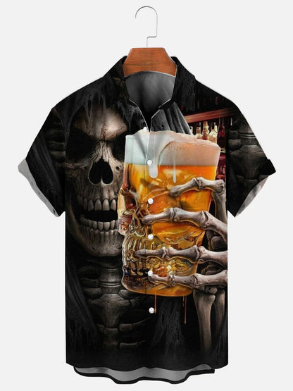 Men's Skull Beer Print Hawaiian Casual Short Sleeve Shirt