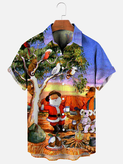 Santa Print Holiday Casual Short Sleeve Shirt