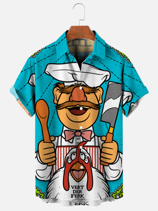 Men's Cartoon Chef Print Hawaiian Short Sleeve Shirt