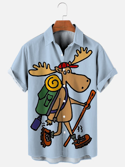 Moose Hiking Cartoon Print Hawaiian Short Sleeve Shirt