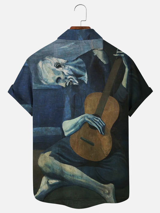 Men's Old Guitarist Retro Oil Painting Printed Hawaiian Short Sleeve Shirt