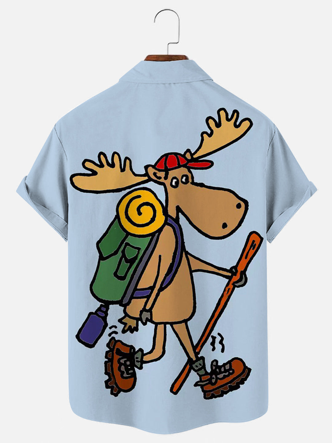 Moose Hiking Cartoon Print Hawaiian Short Sleeve Shirt