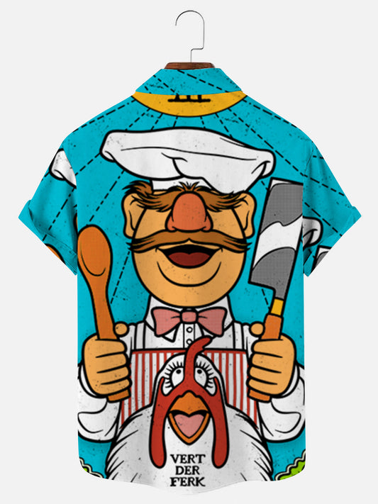 Men's Cartoon Chef Print Hawaiian Short Sleeve Shirt