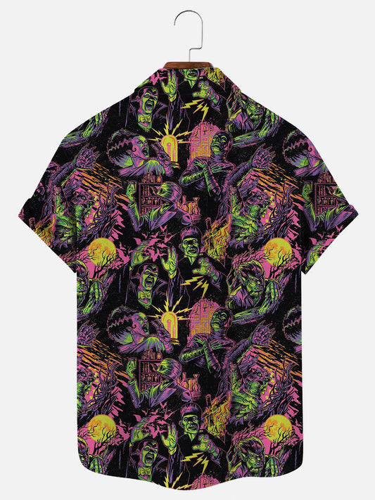 Men's Vintage Halloween Horror Print Hawaiian Short Sleeve Shirt