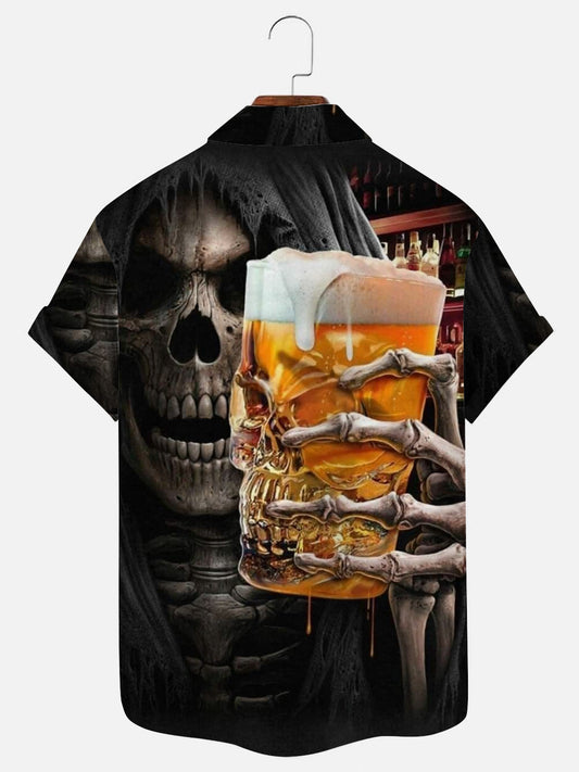 Men's Skull Beer Print Hawaiian Casual Short Sleeve Shirt