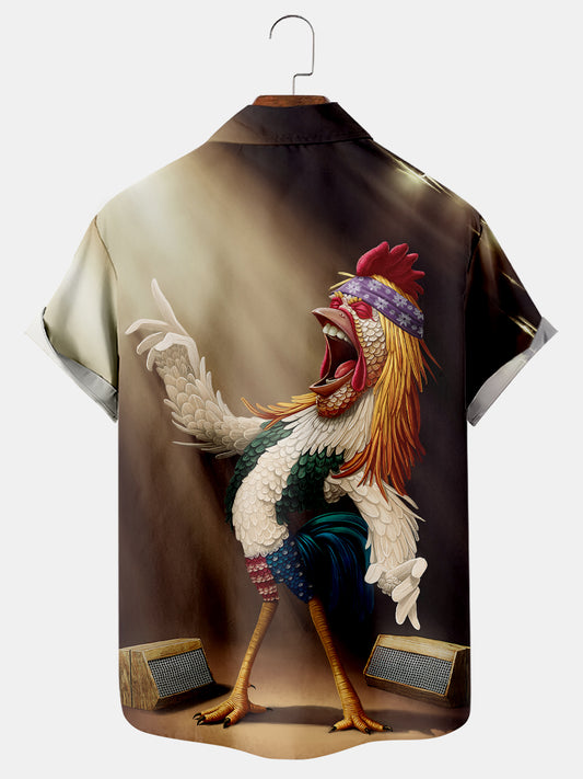 Men's Hawaiian Funny Singing Chicken Print Short Sleeve Shirt