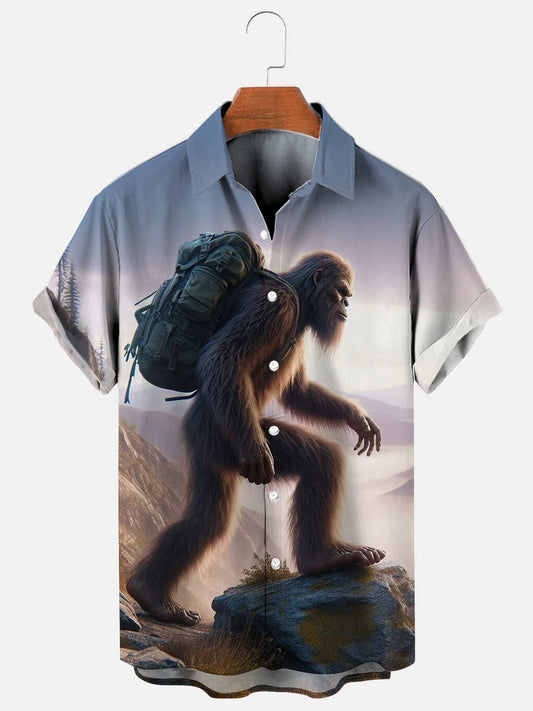 Men's Hiking Bigfoot Print Hawaiian Short Sleeve Shirt