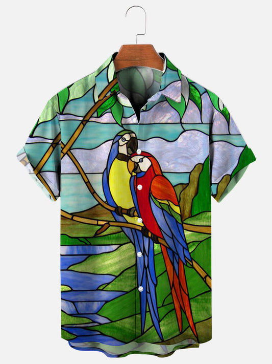 Men's Stained Glass Parrot Print Vintage Hawaiian Short Sleeve Shirt