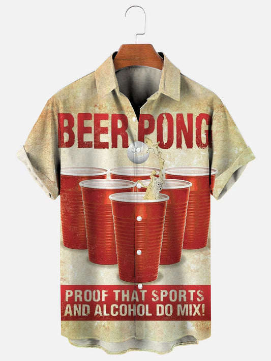 Men's Beer Pong Vintage Poster Print Hawaiian Short Sleeve Shirt