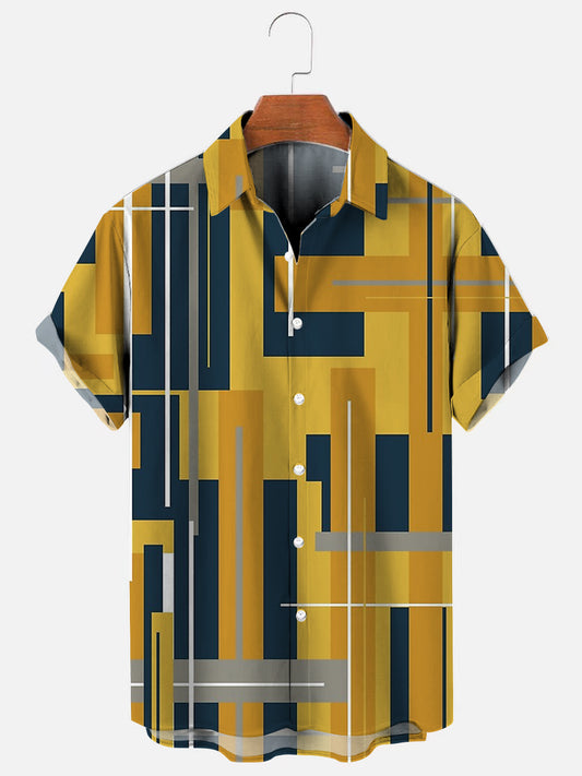 Men's Mid-Century Modern Plaid Vintage Geometric Abstract Pattern Print Hawaiian Short Sleeve Shirt