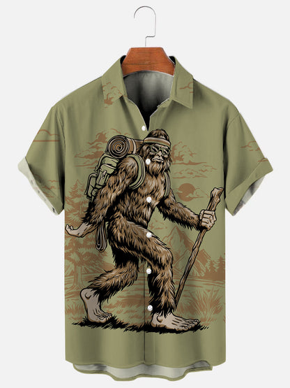 Men's Hiking Bigfoot Outdoor Adventure Graphic Print Hawaiian Short Sleeve Shirt