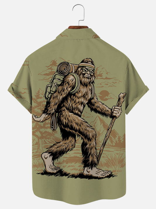 Men's Hiking Bigfoot Outdoor Adventure Graphic Print Hawaiian Short Sleeve Shirt