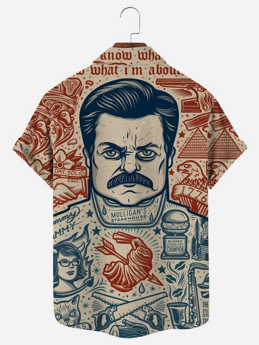 Men's Ron Swanson Vintage Poster Print Hawaiian Short Sleeve Shirt