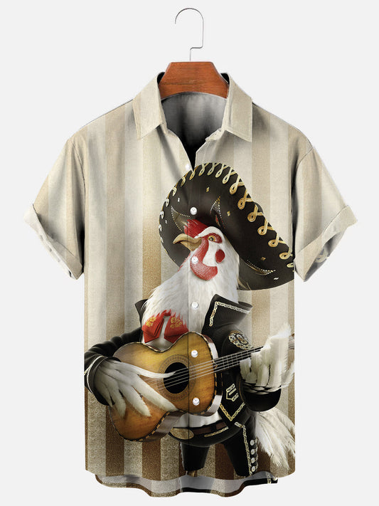 Men's Rooster Guitar Print Hawaiian Short Sleeve Shirt