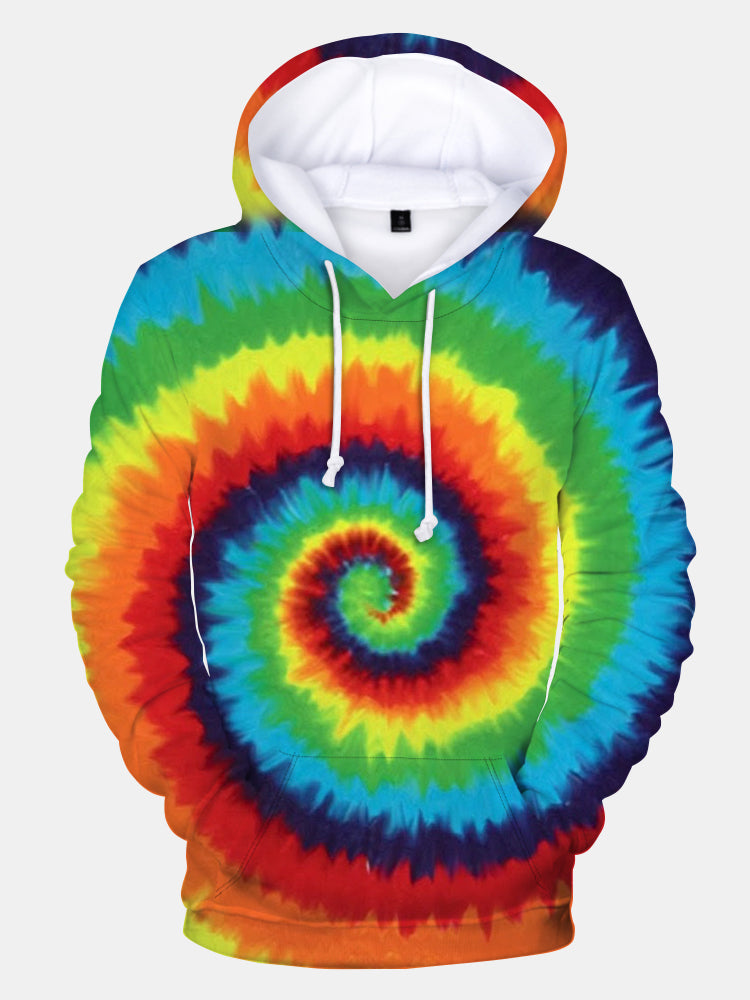 Men's Fashionable Rainbow Spiral Tie Dye Print Long Sleeve Hoodie