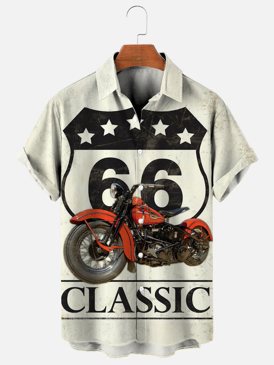 Men's Retro Classic Route 66 Motorcycle Print Hawaiian Short Sleeve Shirt