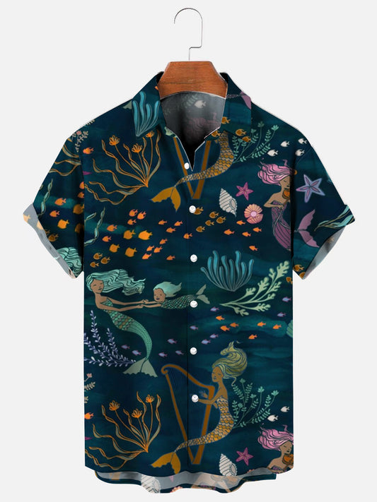 Men's Mermaid Music Ocean Graphic Print Hawaiian Casual Short Sleeve Shirt