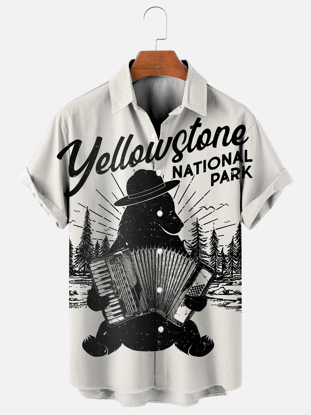 Men's Vintage National Park Ranger Bear Print Hawaiian Short Sleeve Shirt