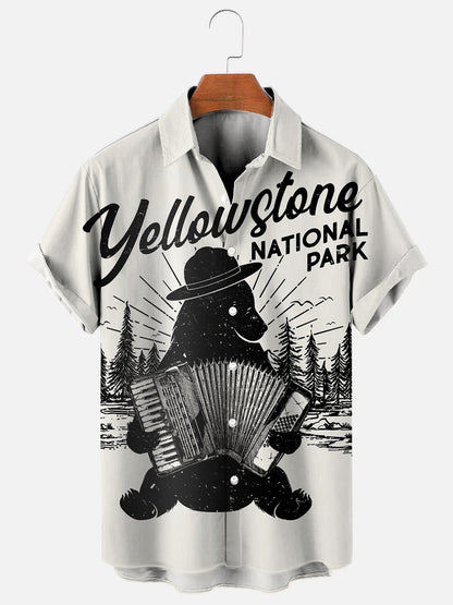 Men's Vintage National Park Ranger Bear Print Hawaiian Short Sleeve Shirt