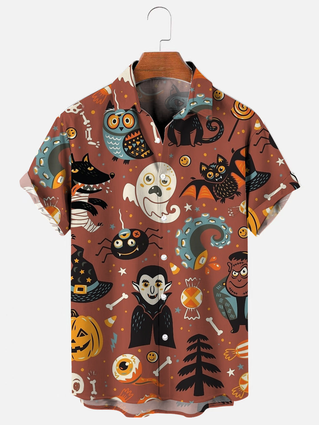 Men's Pumpkin Halloween Cartoon Vampire Print Hawaiian Short Sleeve Shirt