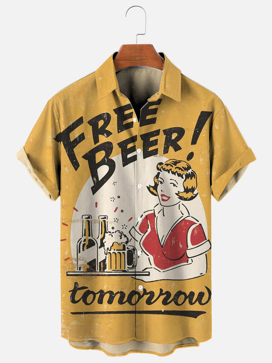 Men's Free Beer Tomorrow Vintage Poster Print Hawaiian Short Sleeve Shirt