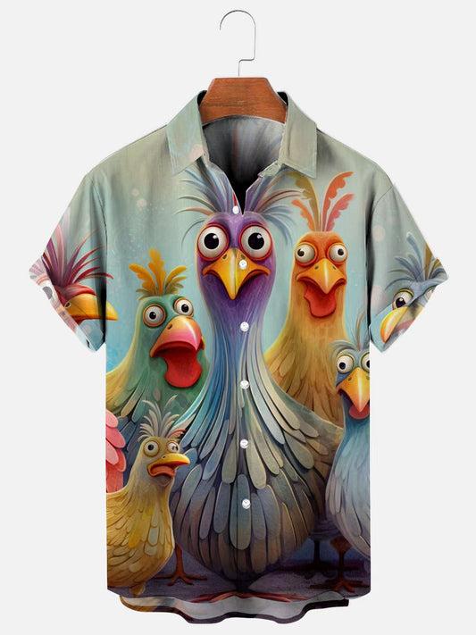 Men's Colorful Chicken Graphic Print Hawaiian Short Sleeve Shirt