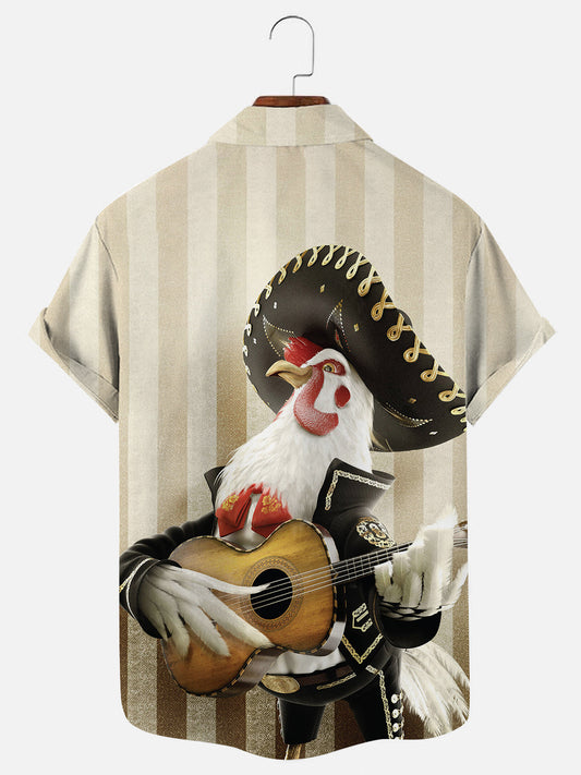 Men's Rooster Guitar Print Hawaiian Short Sleeve Shirt