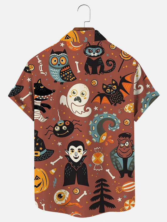 Men's Pumpkin Halloween Cartoon Vampire Print Hawaiian Short Sleeve Shirt