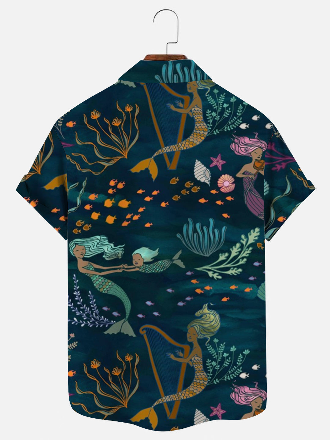 Men's Mermaid Music Ocean Graphic Print Hawaiian Casual Short Sleeve Shirt